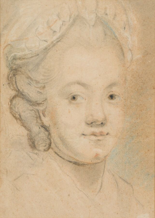 Null 18世纪的法国学校
戴帽子的女人肖像
三支铅笔和粉笔的点缀。
(雀斑和意外）。
32,5 x 33 厘米。