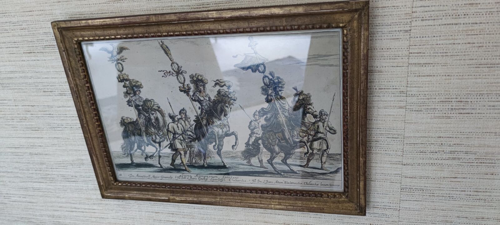 Null Gravur in Farbe.
"Die drei Reiter". 
17. Jahrhundert. 
20 x 33 cm