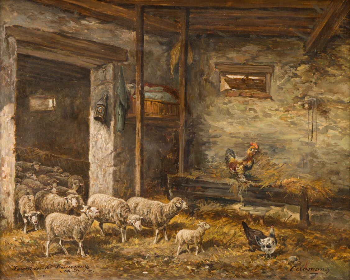 Null 16. Charles Ferdinand CERAMANO
(Tielt 1831-Barbizon 1909)
Moutons et coq da&hellip;