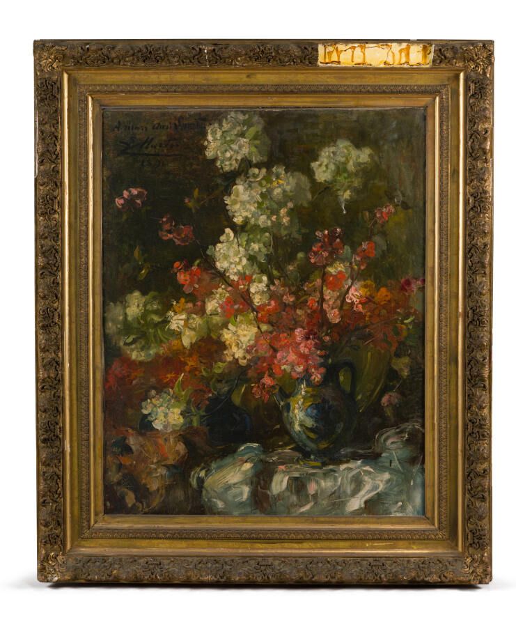 Null 14.19世纪末的法国学校
花瓶
布面油画。
左上角有签名和日期 "寄给我的朋友......"。
朋友。马丁 1890"。
92 x 73.2厘米。