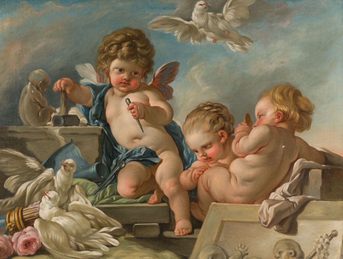 Null 6.弗朗索瓦-布歇工作室(巴黎1703-巴黎1770)
恋人和鸽子或雕塑的寓意
布面油画。
86 x 114,5厘米。
(小的凹痕)。 
弗朗索瓦-布&hellip;