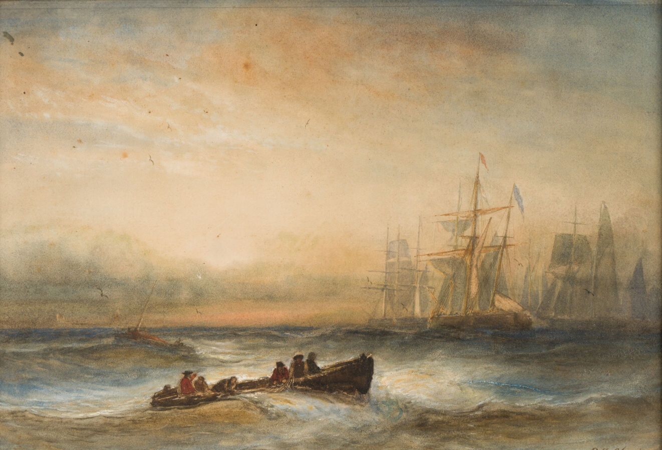 Null 8.19世纪的比利时画派
海洋黄昏效应
水彩画。
在背面的标签上用钢笔注解："Marine effet de crépuscule P.J CLAUS&hellip;