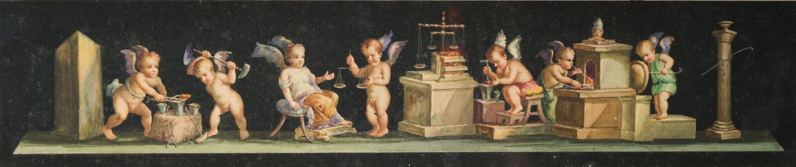 Null 5.18世纪末的罗马画派，米开朗基罗-麦斯特里（1741-1812）的随行人员
锻造心脏的恋人
黑色着色纸上的水墨和水彩画。
右边的柱子上有签名的痕迹&hellip;