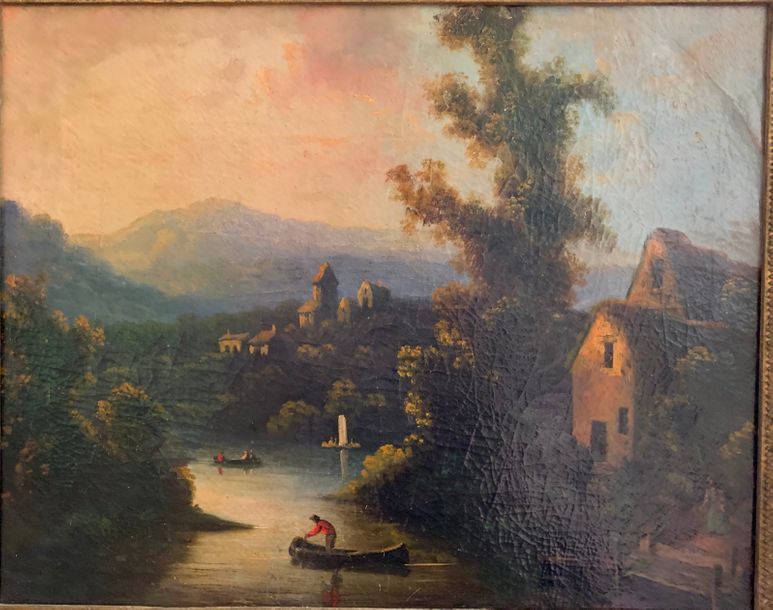 Null Ecole française du XIXème siècle.
Barques dans un paysage.
Huile sur toile.&hellip;