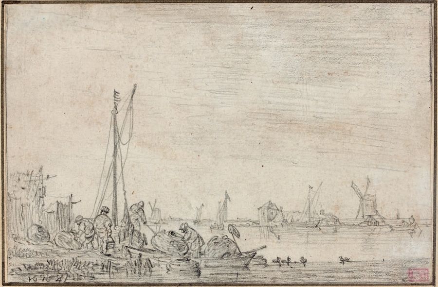 Jan Van Goyen (1596-1656) Bord de rivière
Pierre noire, monogrammée et datée 164&hellip;