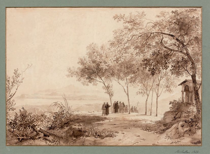 ACHILLE-ETNA MICHALLON (1796-1822) Procession de moines au bord de la mer, aux e&hellip;