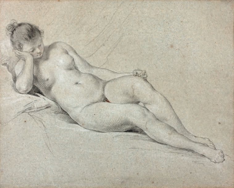 École FRANÇAISE du XVIIIe siècle 
Étude de jeune femme nue étendue sur une drape&hellip;