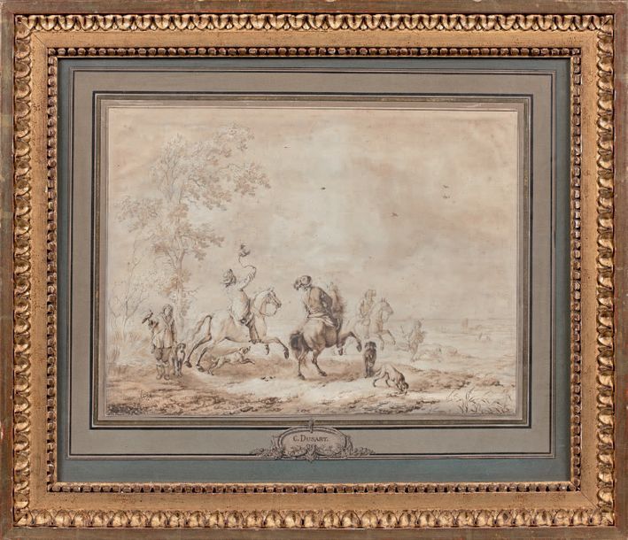 Cornelis Dusart (1660-1704) 
Chasse au faucon
Plume, lavis brun, signé en bas à &hellip;