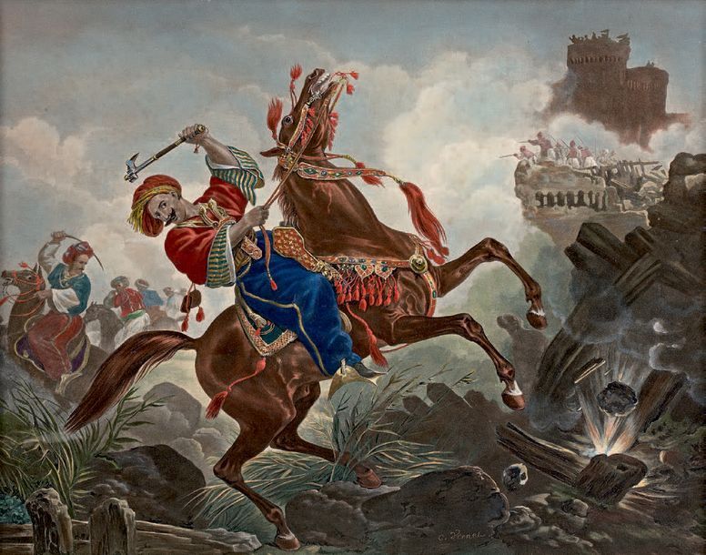 D'après VERNET Cavaliers ottomans devant une ville assiégée
Lithographie en coul&hellip;