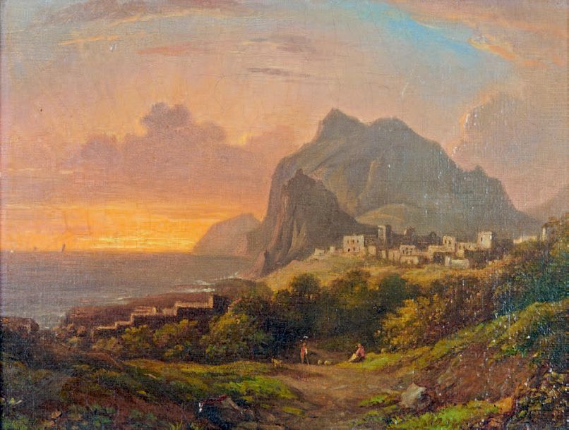 ÉCOLE FRANÇAISE, vers 1820 
Vue de Capri
Huile sur toile d'origine.
19 x 24 cm