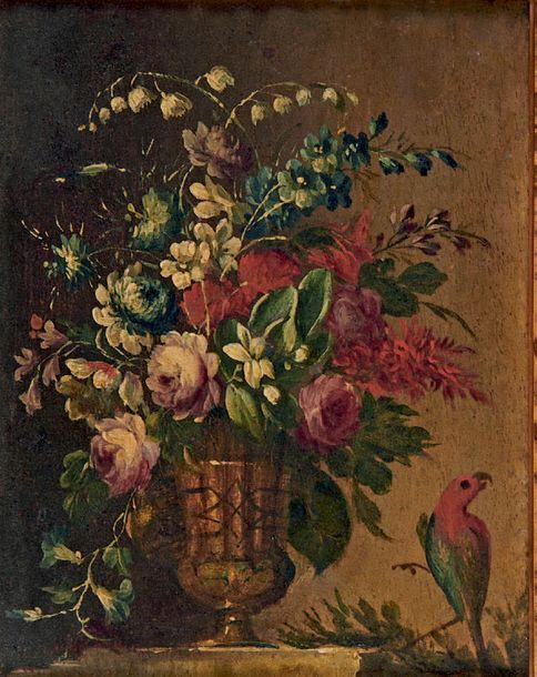 Ecole Italienne du XVIIIe siècle 
Bouquet de fleurs dans un vase et oiseau Deux &hellip;