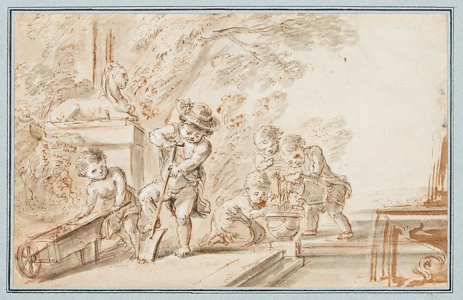 Ecole Flamande du XVIIIe siècle Les enfants jardiniers
Plume, lavis.
21 x 33 cm