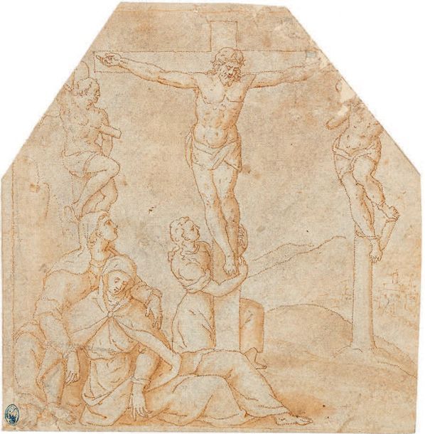 École ITALIENNE du XVIe siècle 
十字架上的基督、圣母和圣约翰
羽毛和钉子的痕迹。
19 x 19.1 cm
两个上角都被切掉了。&hellip;