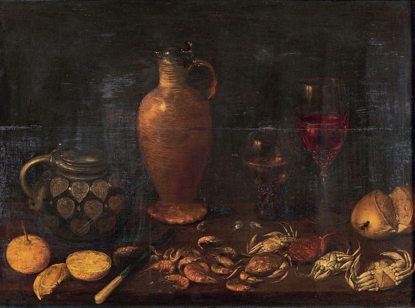 École Flamande du XVIIe siècle 
Nature morte, pichets, verres, crustacés et frui&hellip;