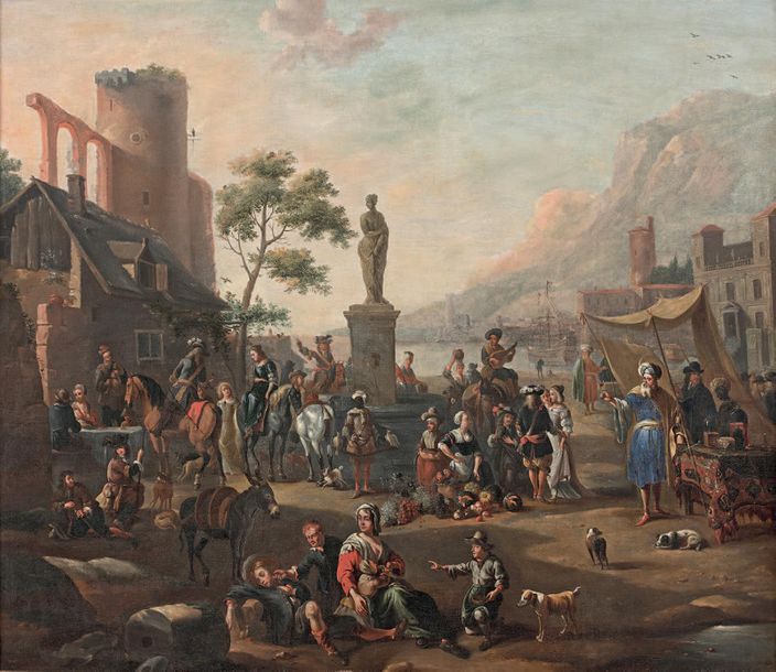 Entourage d'Antoine GOUBAU (1616-1698) 
港口前的市场景象
意大利，人物动画
布面油画，重新诠释。
90 x 104 cm&hellip;