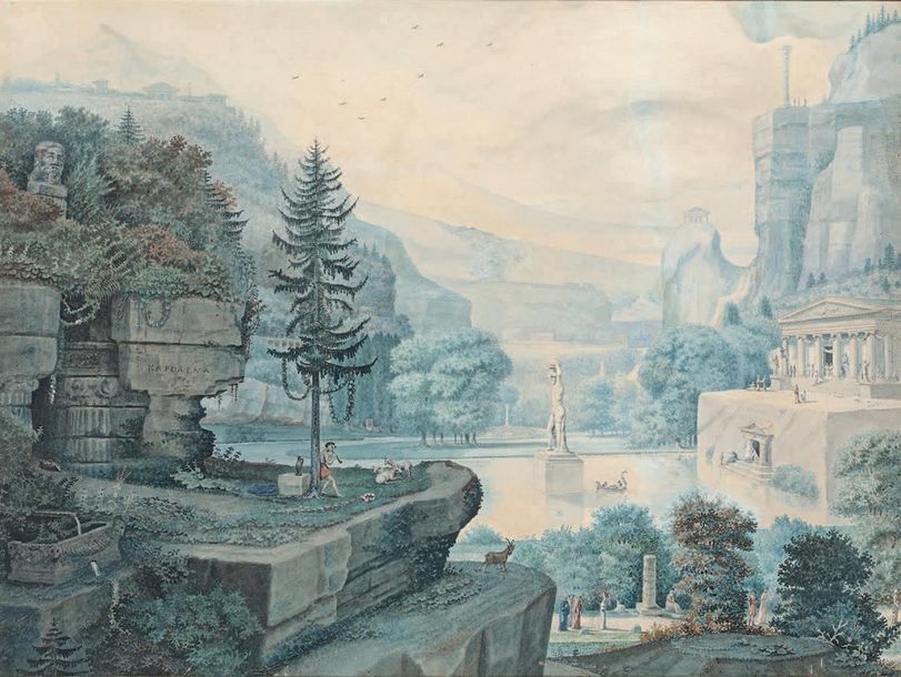 École FRANÇAISE de la fin du XVIIIe siècle 
想象中的风景，装饰着纪念碑和古代遗迹，动画人物
水彩画。
40 x 52&hellip;
