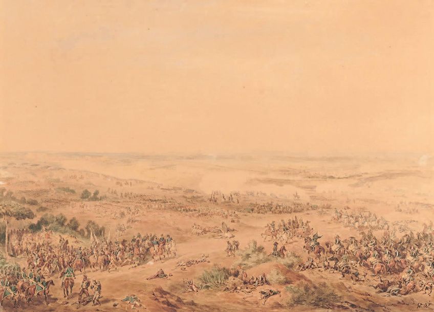 Hippolyte BELLANGE (1800-1866) 
《奥卡尼亚战役的场景》
水彩画，右下角有签名。
44 x 62 cm。