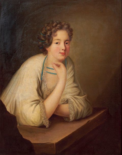 ÉCOLE FRANÇAISE, d'après Jean-Baptiste SANTERRE 年轻女子靠在柱子上
布面油画，重新覆盖。
92 x 73 cm。
