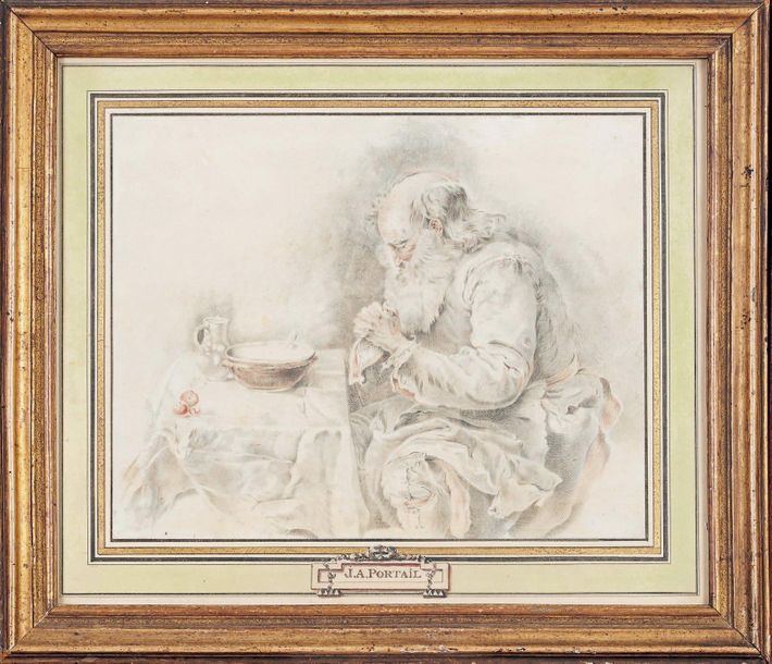Jacques André PORTAIL (1715-1759) 
老人诵读祝福语
黑色石头，圣洁。
27 x 33,5 cm
另一个版本：
- 巴黎拍卖会，&hellip;