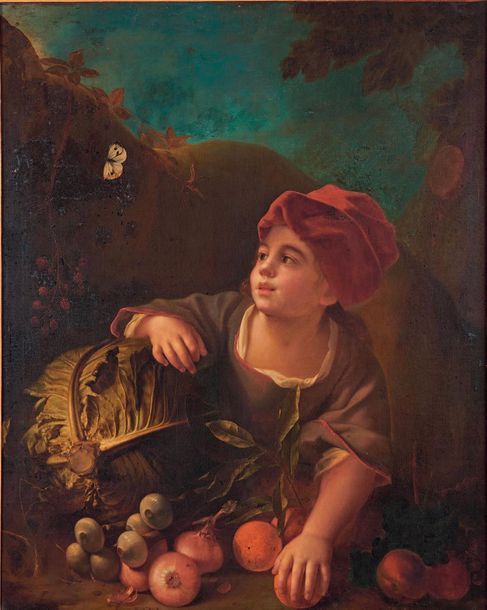 Ecole Italienne du XIXe siècle 
Enfant aux légumes et fruits
Huile sur toile.
99&hellip;