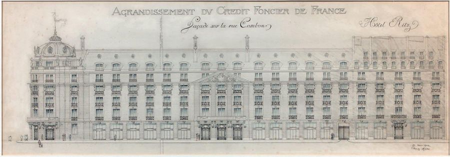 Charles MEWES (1858-1914) 
外观工程 rue Cambon, Hotel Ritz
羽毛，水彩和水洗，签名和日期为1912年
43 x&hellip;