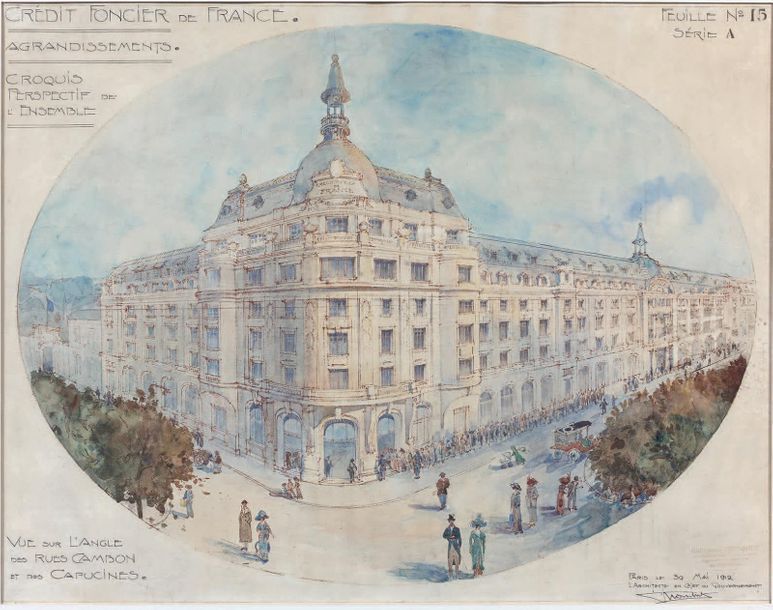 Guillaume TRONCHET (1867-1959) 

法国信贷银行的扩建项目 钢笔和水彩画，签名，日期为1912年5月30日。 61 x 80 cm&hellip;