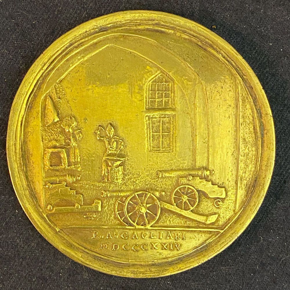 Null 意大利，撒丁王国，查尔斯-费利克斯，1824年卡利亚里兵工厂访问奖章，两个镀金的青铜坯件，正面是兵工厂的铸造车间，凹槽处有 "R.A. CAGLIAR&hellip;