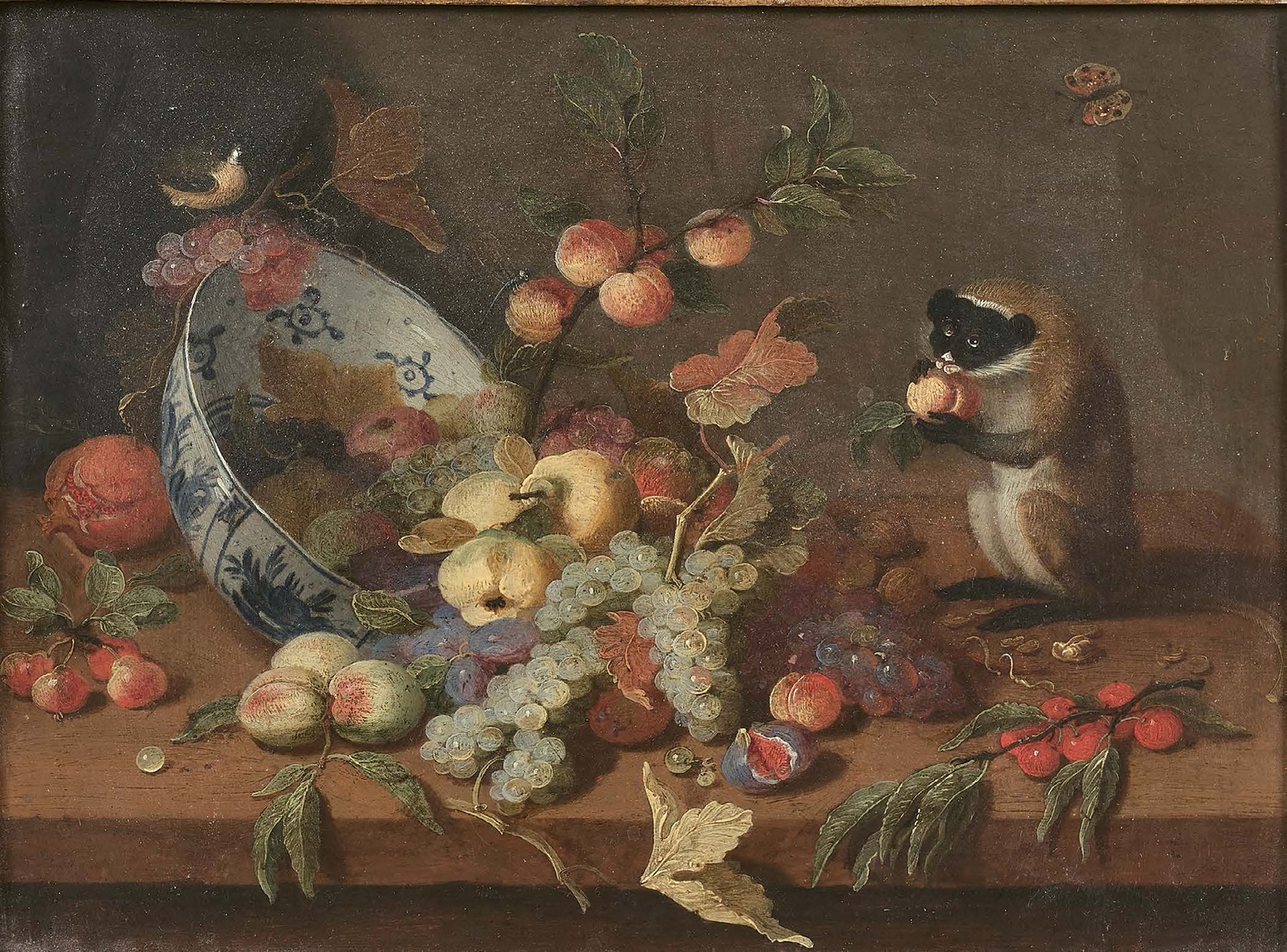 Jan van KESSEL le JEUNE (Anvers 1654 - Madrid 1708) 静物水果与中国杯万里反和猴子
铜上油彩。
15,5 x &hellip;