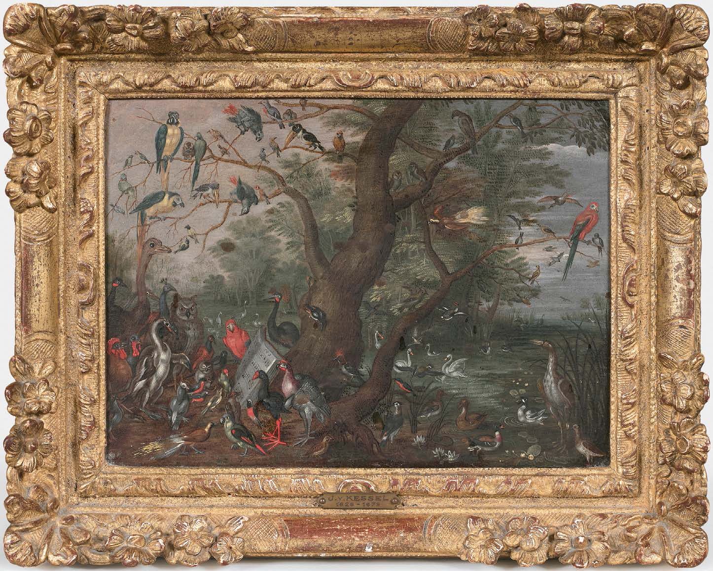 École ANVERSOISE du XVIIe siècle 听觉的寓言或鸟儿的音乐会
铜上油画。
15.6 x 18.6 cm
相关作品：老杨-勃鲁盖尔的&hellip;