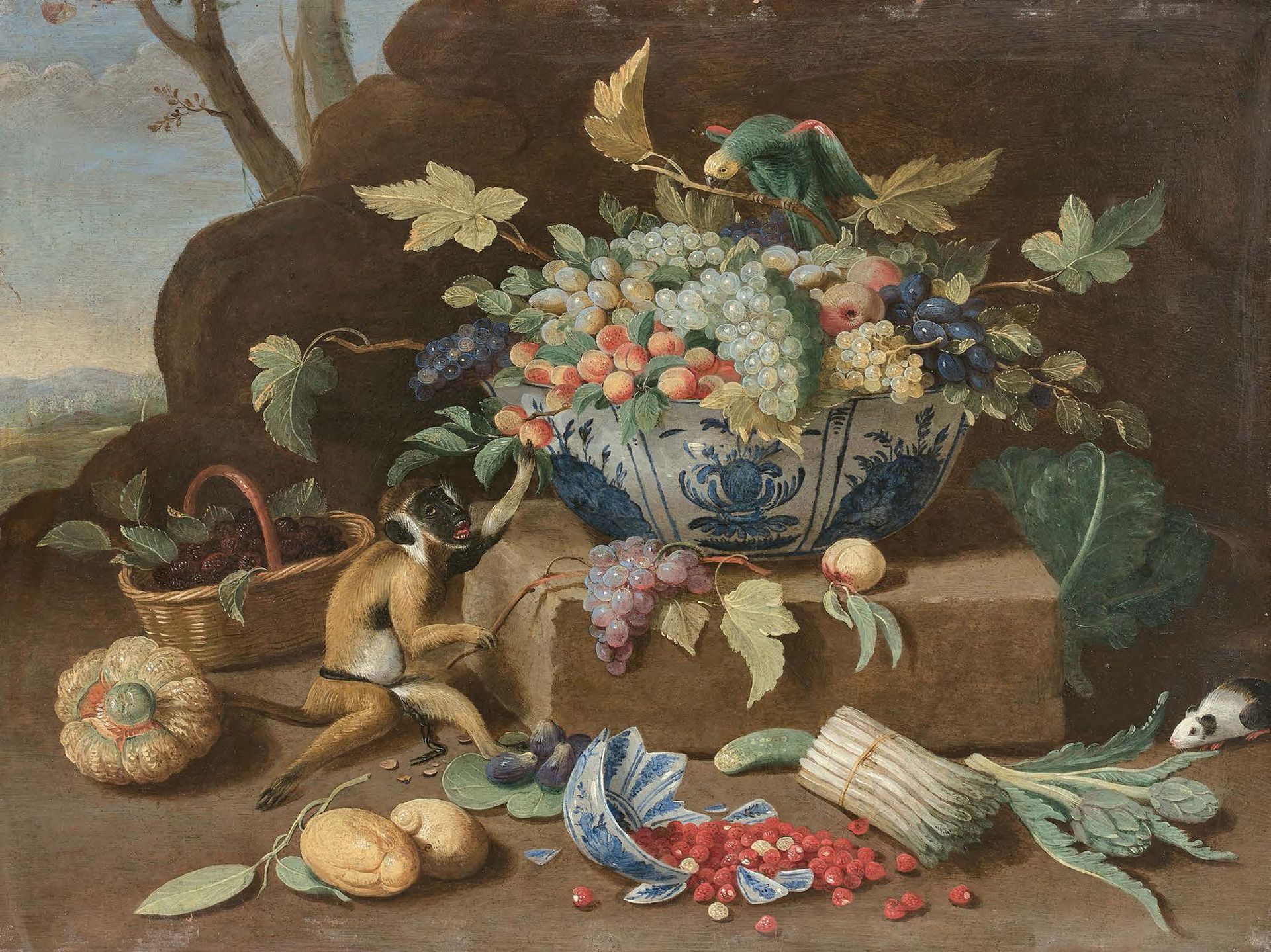 Jan van KESSEL le JEUNE (Anvers 1654 - Madrid 1708) 静物画与万里中国瓷杯，一个装满了水果，另一个倒过来打碎了&hellip;