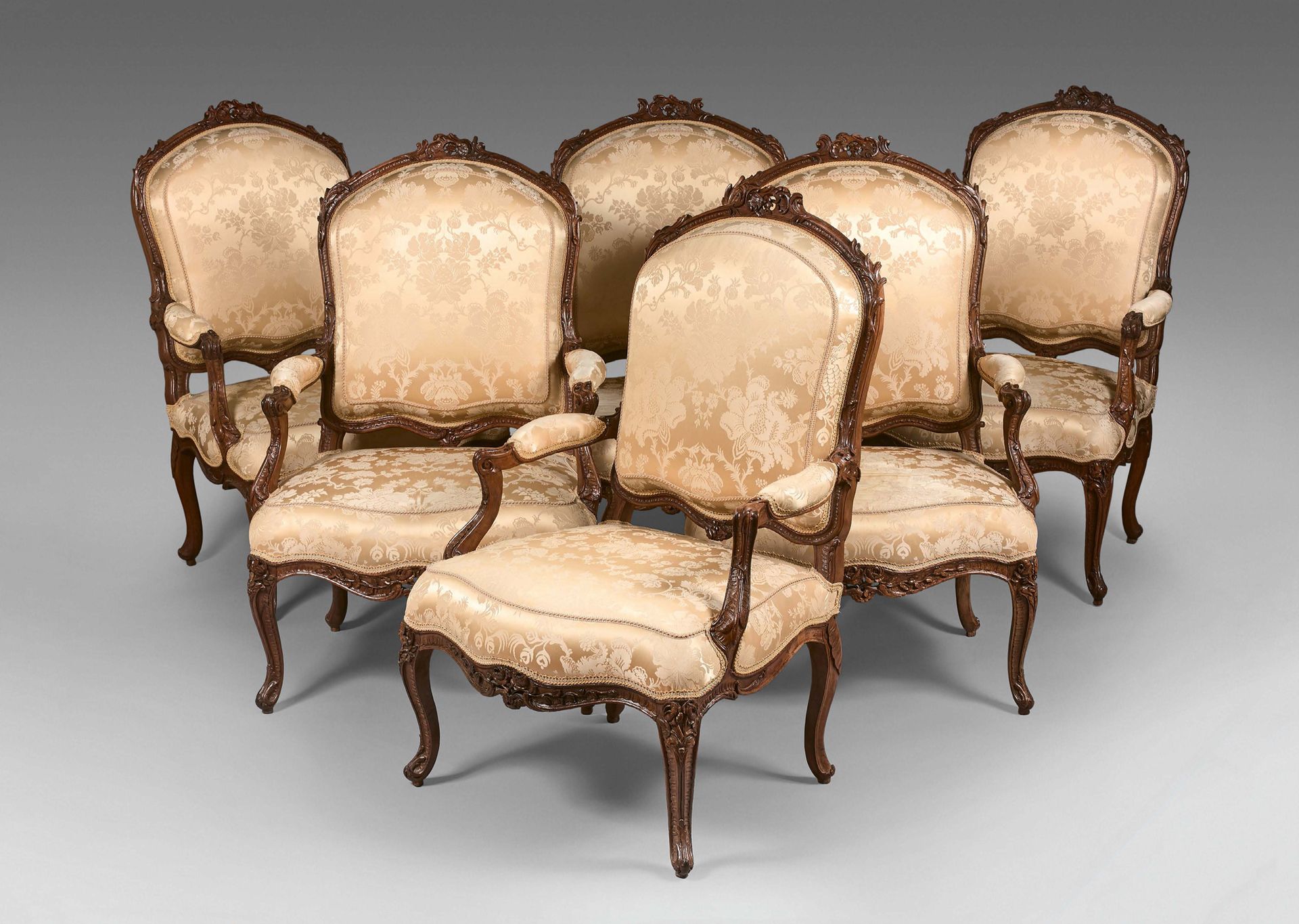 Null Suite of six flat back armchairs in walnut carved and decorated with flower&hellip;