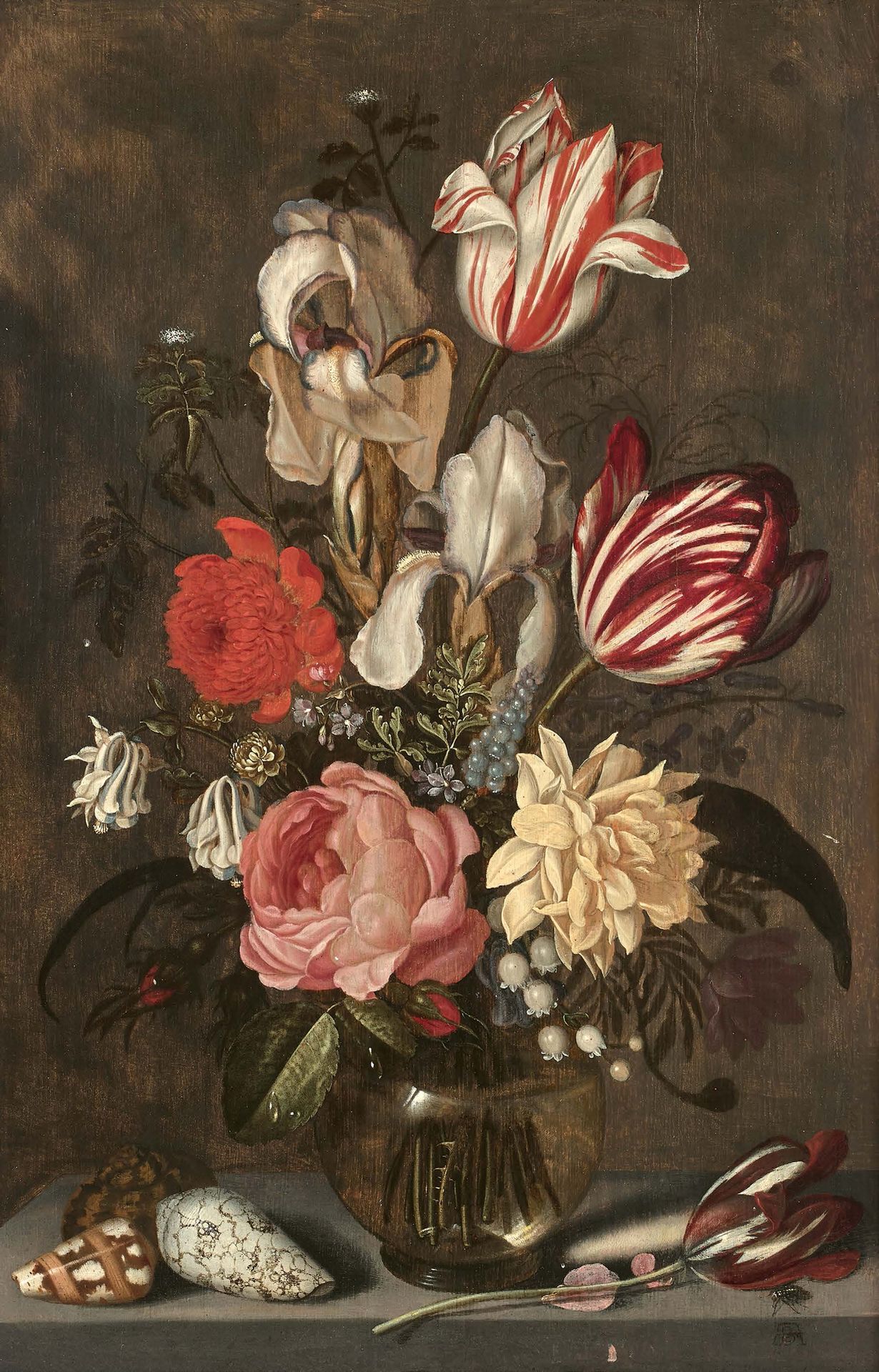 Ambrosius BOOSCHAERT le jeune (Arnemuiden 1609 - Utrecht 1645) 玻璃花瓶中的郁金香、鸢尾花和玫瑰花&hellip;