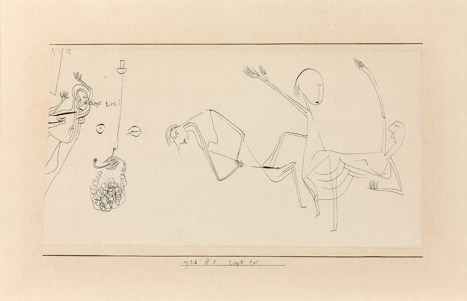 Paul Klee (1879-1940) Liegt tot, 1926, 173 (H3)
纸上水墨贴在画板上，左上角有签名，标题在构图中，日期和标题在pa&hellip;