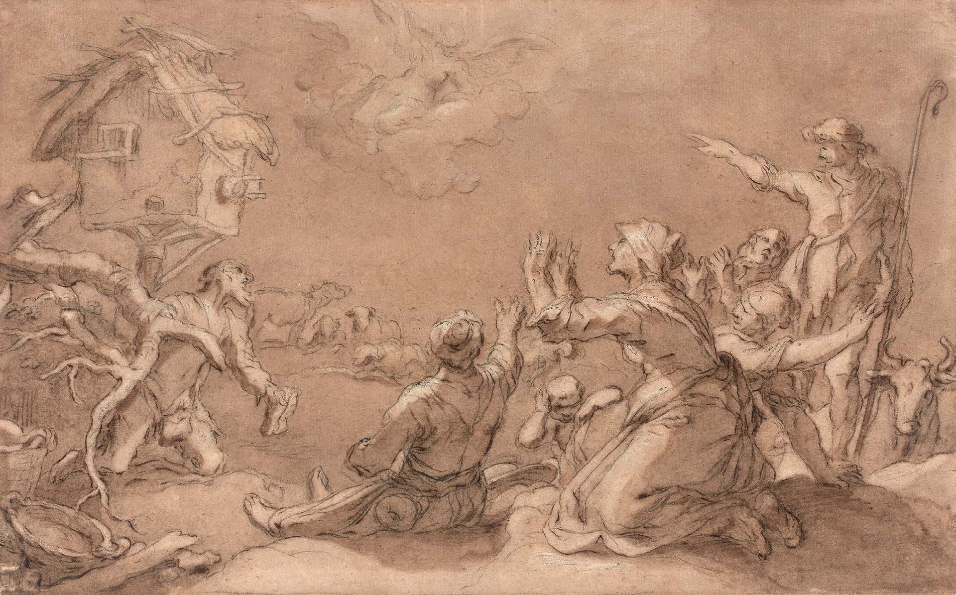 Atelier de Abraham BLOEMAERT (Gorinchem 1566 - Utrecht 1651) 对牧羊人的公告
黑石和棕色水洗。
16&hellip;