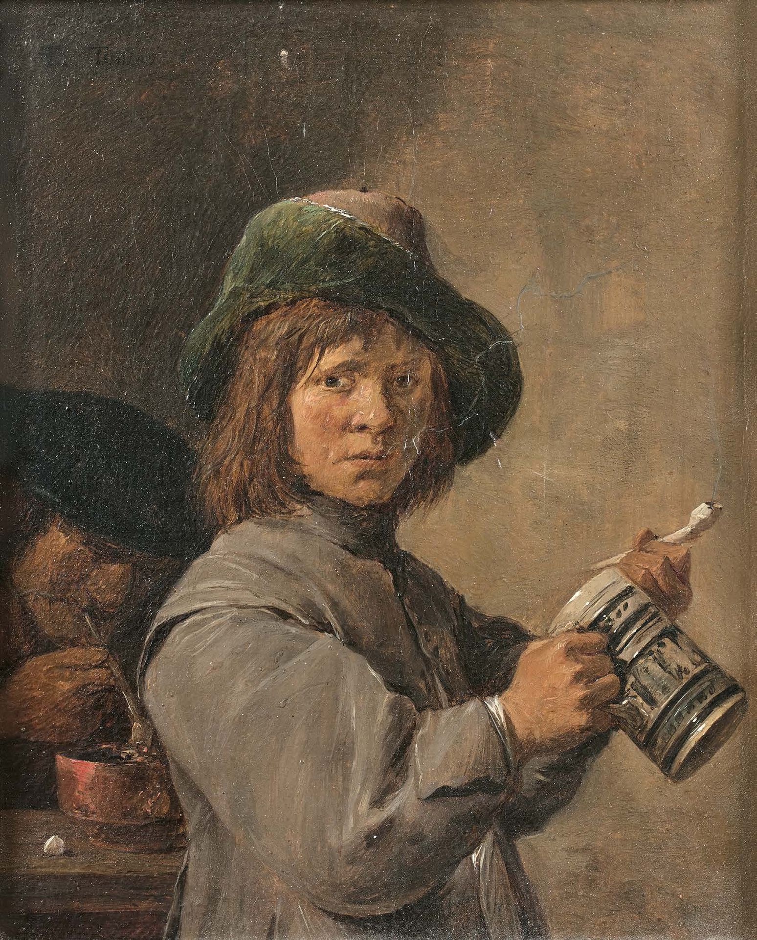 David II TENIERS (Anvers 1610 - Bruxelles 1690) 年轻吸烟者的肖像
布面油画，左上方有签名。
17 x 14 cm&hellip;