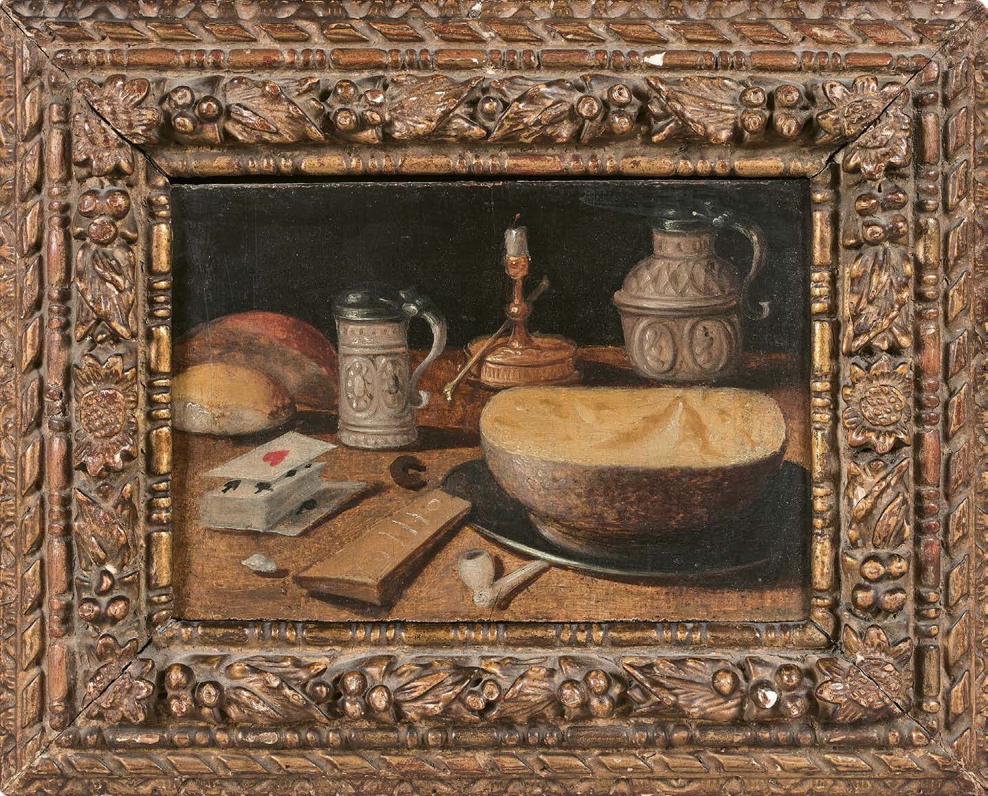 École Flamande du XVIIe siècle 静物与卡片
面板上的油画。
 （修复）。
12,2 x 18,3 cm