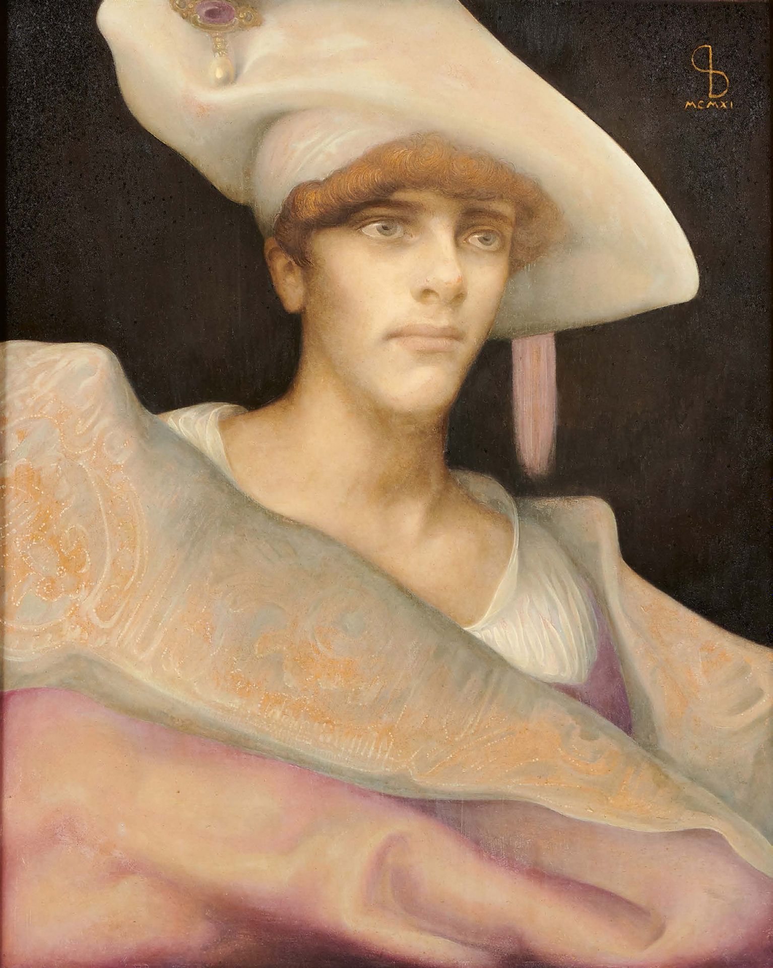 Léonard SARLUIS (1874-1949) 


戴白帽子的肖像，1911年



粘贴在木板上的油画，右上角有签名和日期MCMXI。



(修复&hellip;