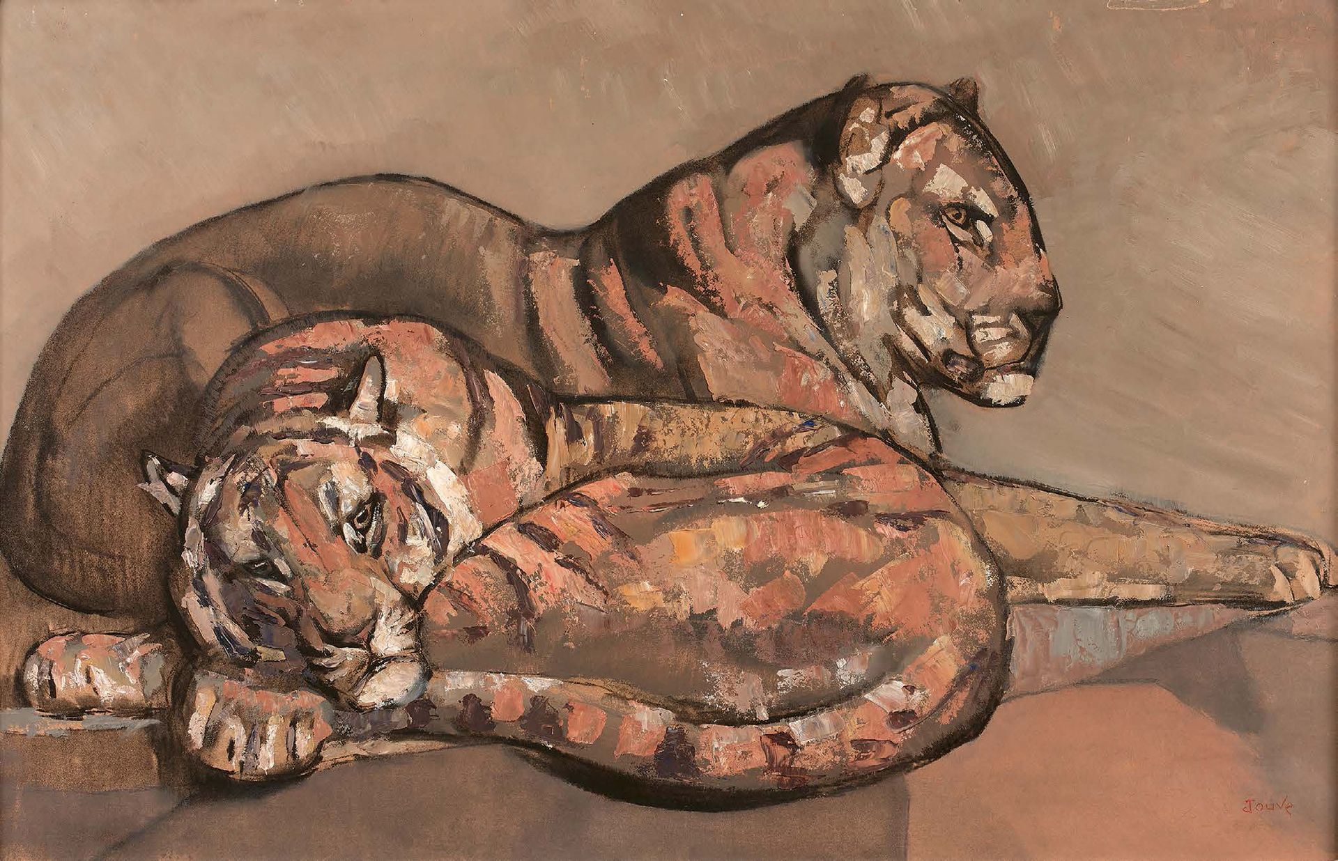 Paul JOUVE (1878-1973) 
两只躺着的老虎，大约1955年
纸板上的混合媒体，右下角有签名，背面用红铅笔重新签名并标注 "在开罗动物园执行"&hellip;