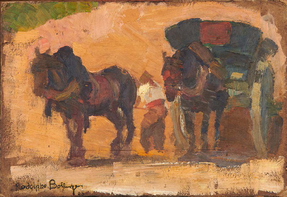 Rodolphe BOLLIGER (1878-1952) 
Tombereau attelé, 1905
Les baigneuses
双面纸板上的油画，背面&hellip;