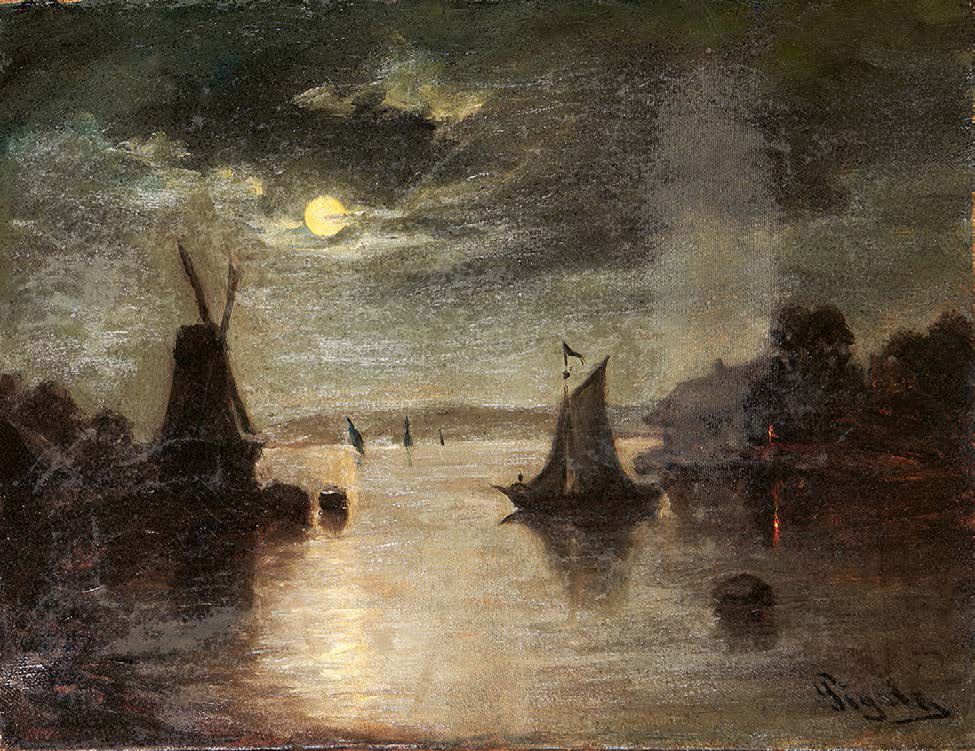 PIGALE 月亮在磨坊的运河上
布面油画，右下方有签名。
 （修复）。
26,5 x 35 cm