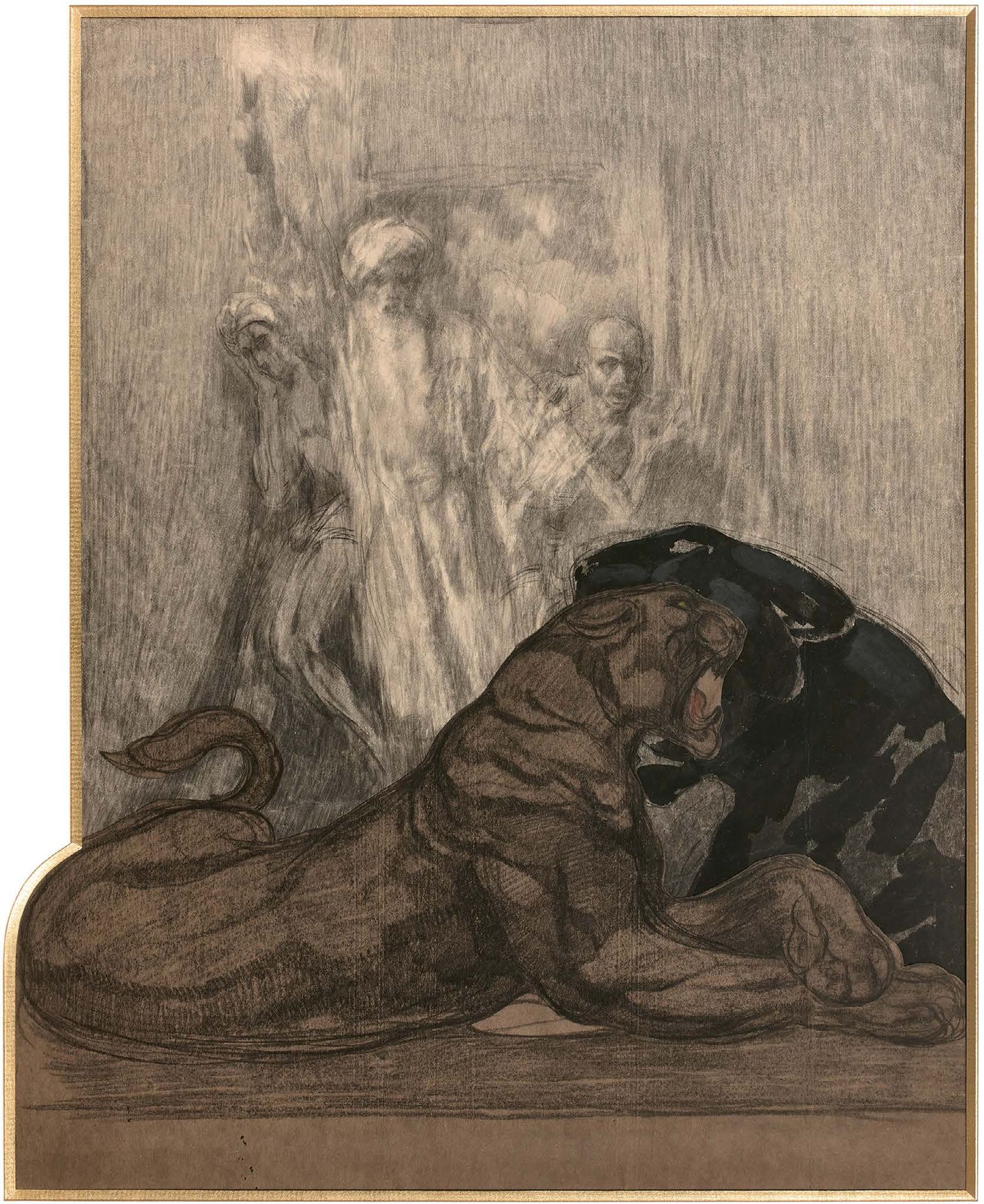Paul JOUVE (1878-1973) 
两只豹子
混合媒介，黑色铅笔和树桩画，水粉画和拼贴画。
60,5 x 45,5 cm
出处：
- 巴黎Hôtel&hellip;