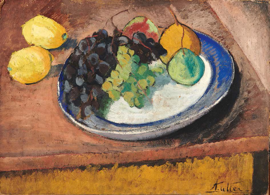 André UTTER (1886-1948) 
有葡萄和梨子的果盘
纸板上的油画，右下方有签名。
33 x 46 cm