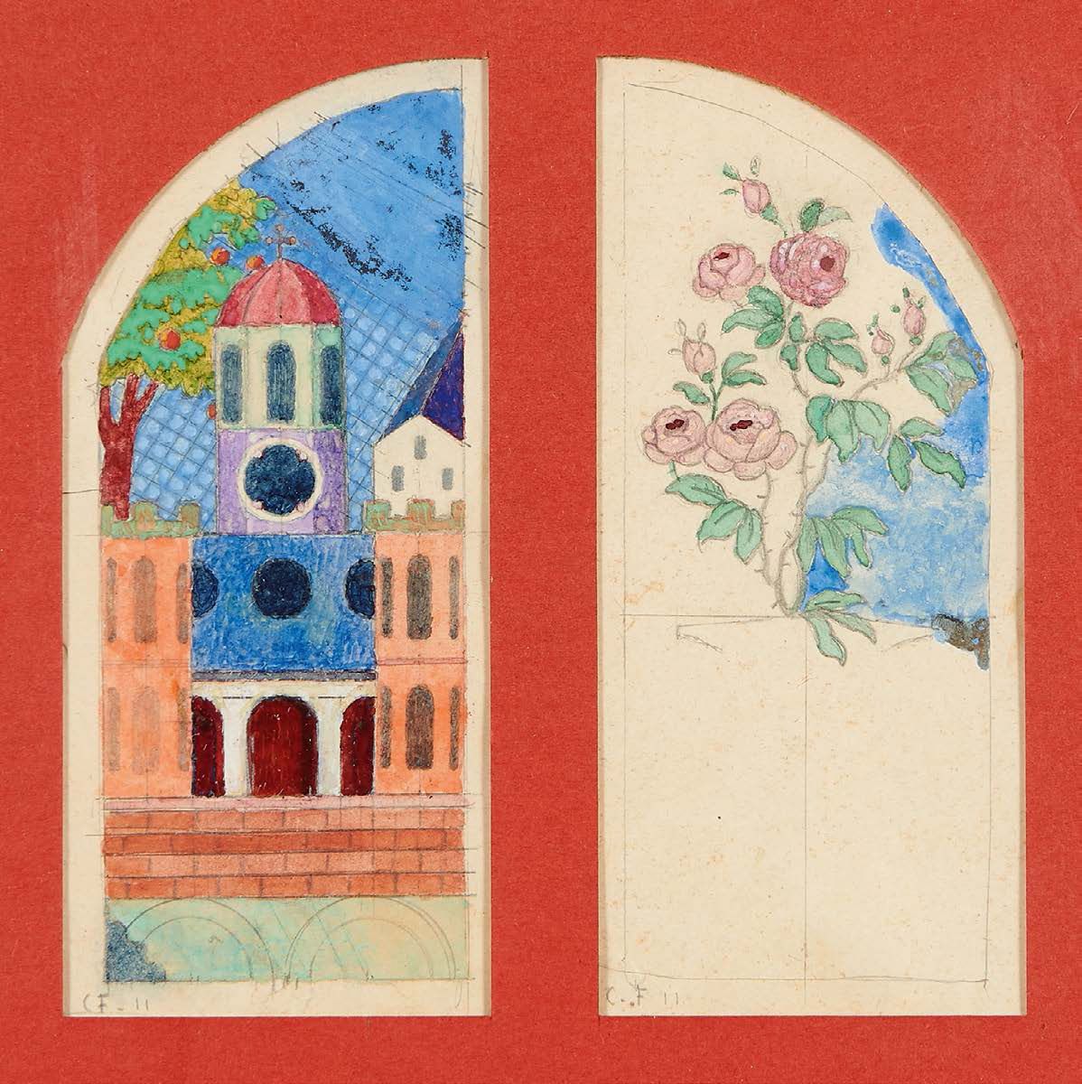 Charles FILIGER (1863-1928) 
《教堂》，1911年
《罗西尔》，1911年
两幅铅笔线条的水彩画，顶部为圆形，同框，左下有首字母签名&hellip;