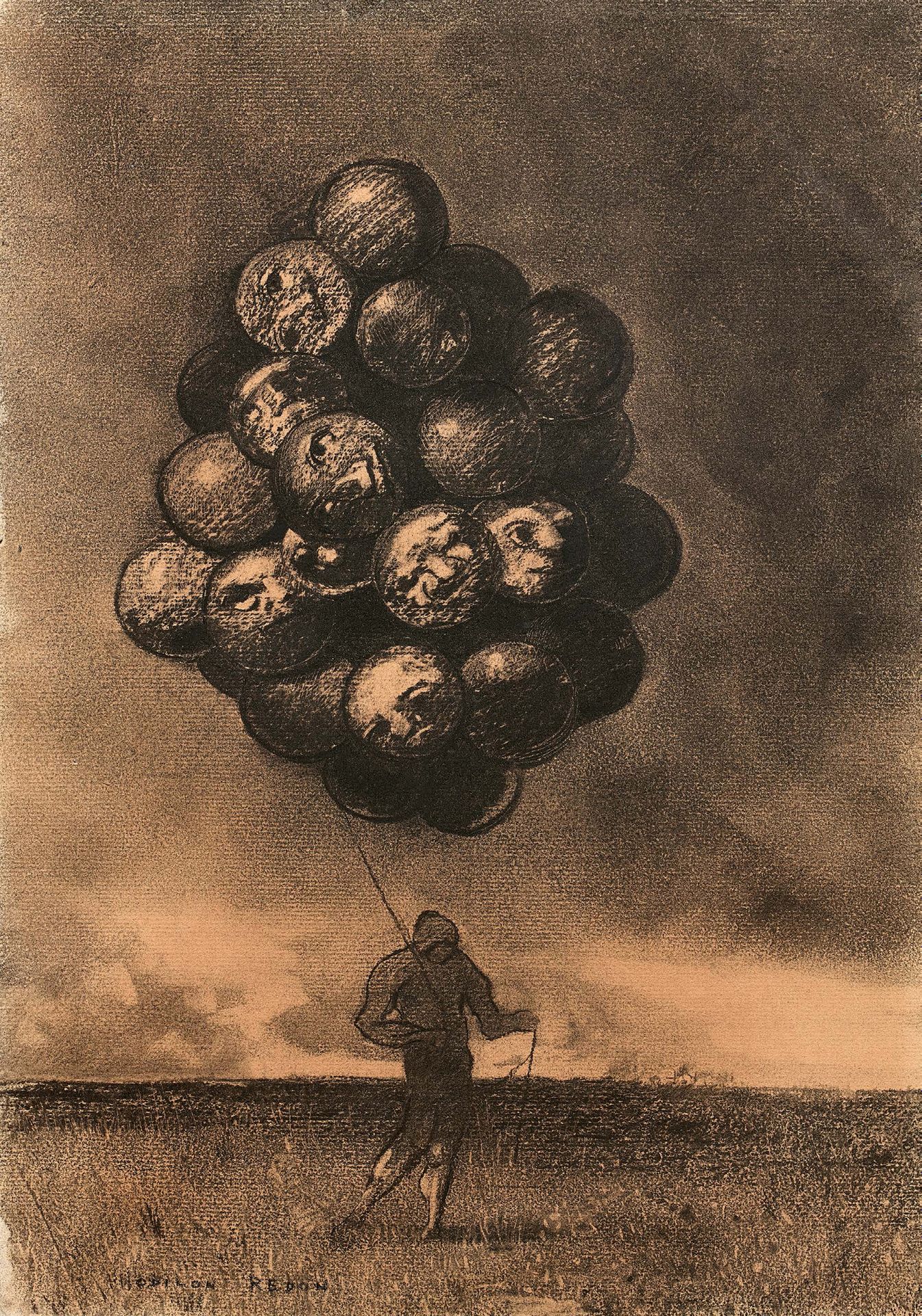 Odilon REDON (1840-1916) 
La grappe ou le marchand de ballons
炭笔和模糊画，左下角签名 38.5 &hellip;