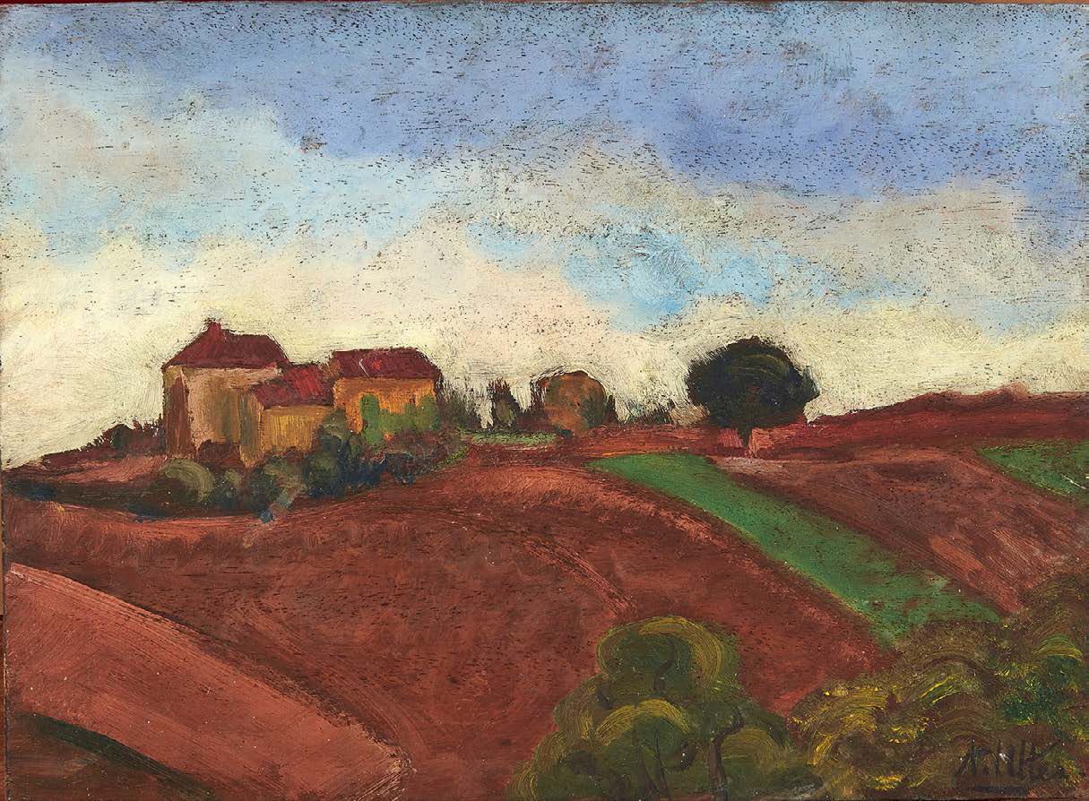 André UTTER (1886-1948) 
Les pressoirs en Beaujolais, 1921
粘贴在纸板上的油画，右下角有签名，背面有辞&hellip;
