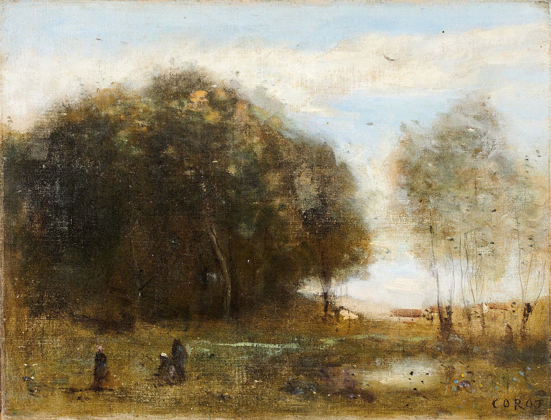 Jean-Baptiste Camille COROT (1796-1875) 
沼泽中的三个人物，约1865-1870
布面油画，右下角签名。
25 x 33&hellip;