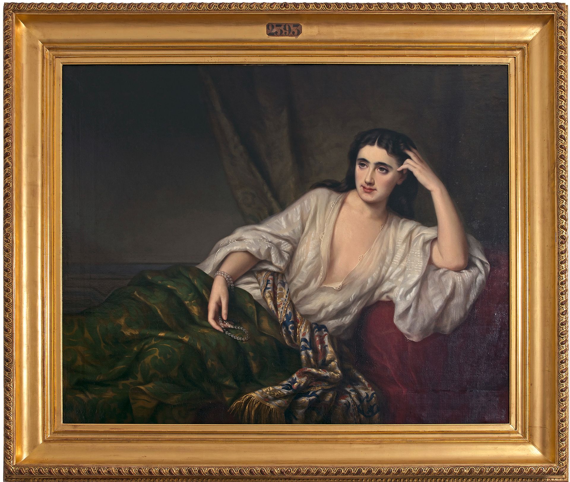 Anna REILLE (1824-1902) 戴着珍珠项链的年轻女子，1869年
布面油画，右下方有签名和日期。
Cartouche Salon 2393。
&hellip;