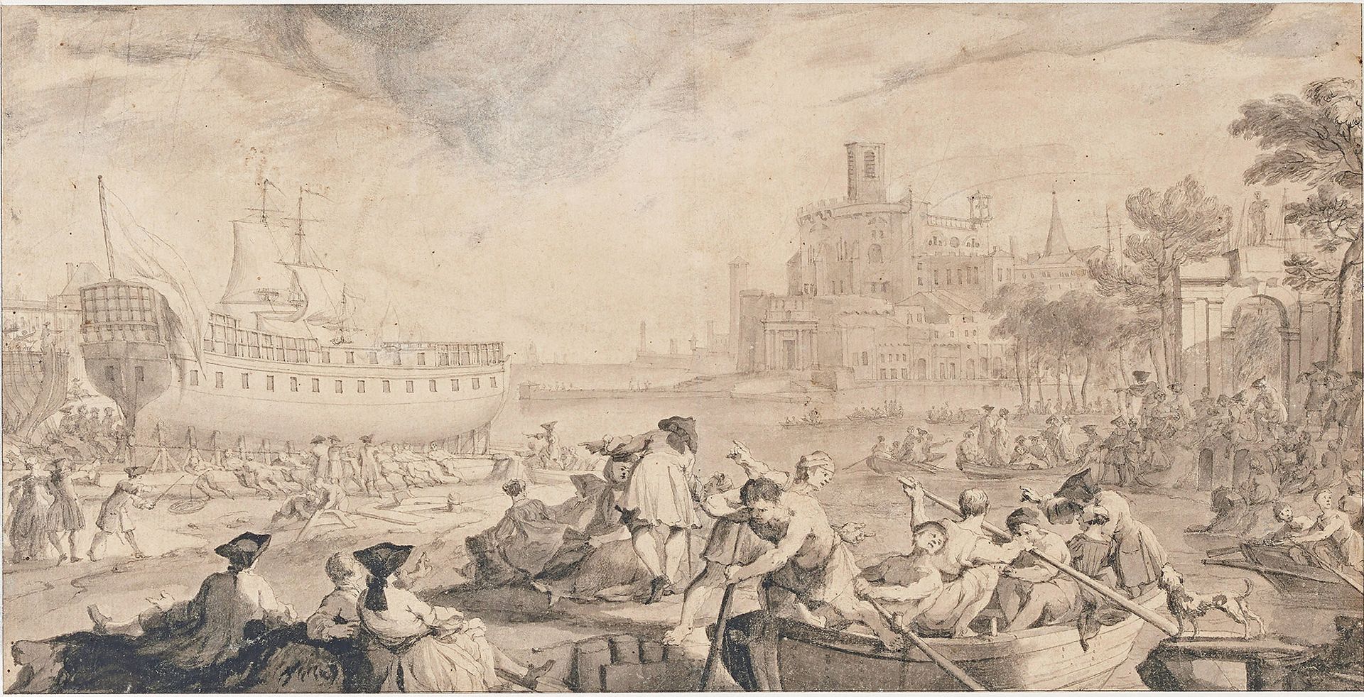 ÉCOLE FRANÇAISE du milieu du XVIIIe siècle Mise à l'eau d'un navire
Plume, lavis&hellip;