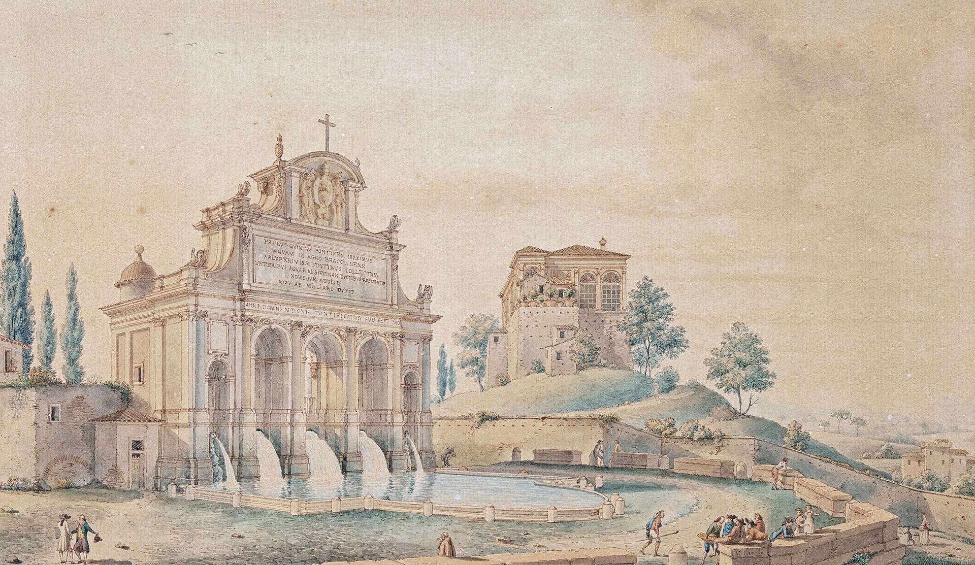 Victor Jean NICOLLE (1754-1826) 罗马Janiculum上的Acqua
Paola喷泉
笔，水彩画，右下角签名。
17.5 x 2&hellip;