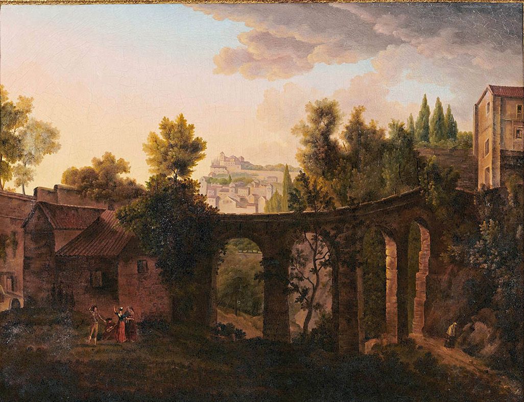 École FRANÇAISE de la fin du XVIIIe siècle 有高架桥的风景，有动画的人物
布面油画。
 （事故，修复）。
53 x 6&hellip;